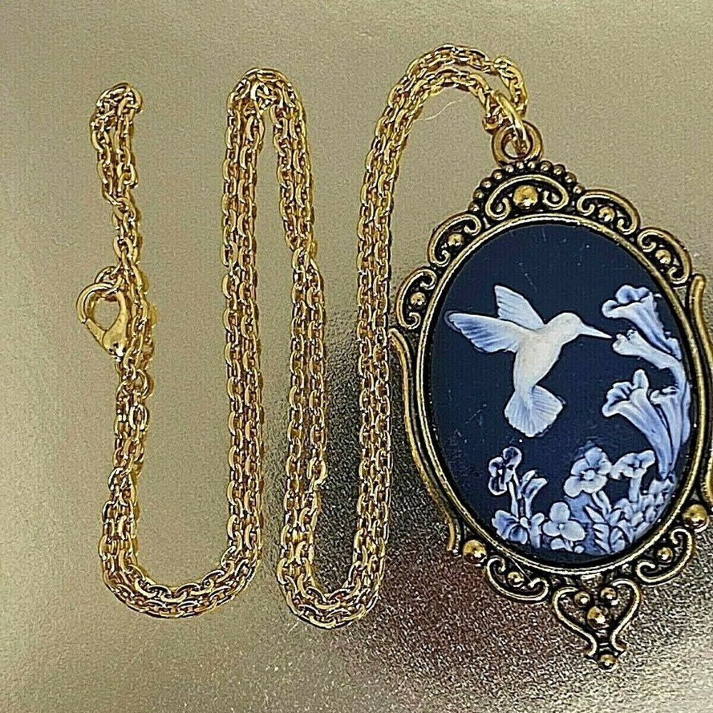 Anniversary Birthday Mom Gift Gold Victorian Cameo Necklace Hummingbird Wedding